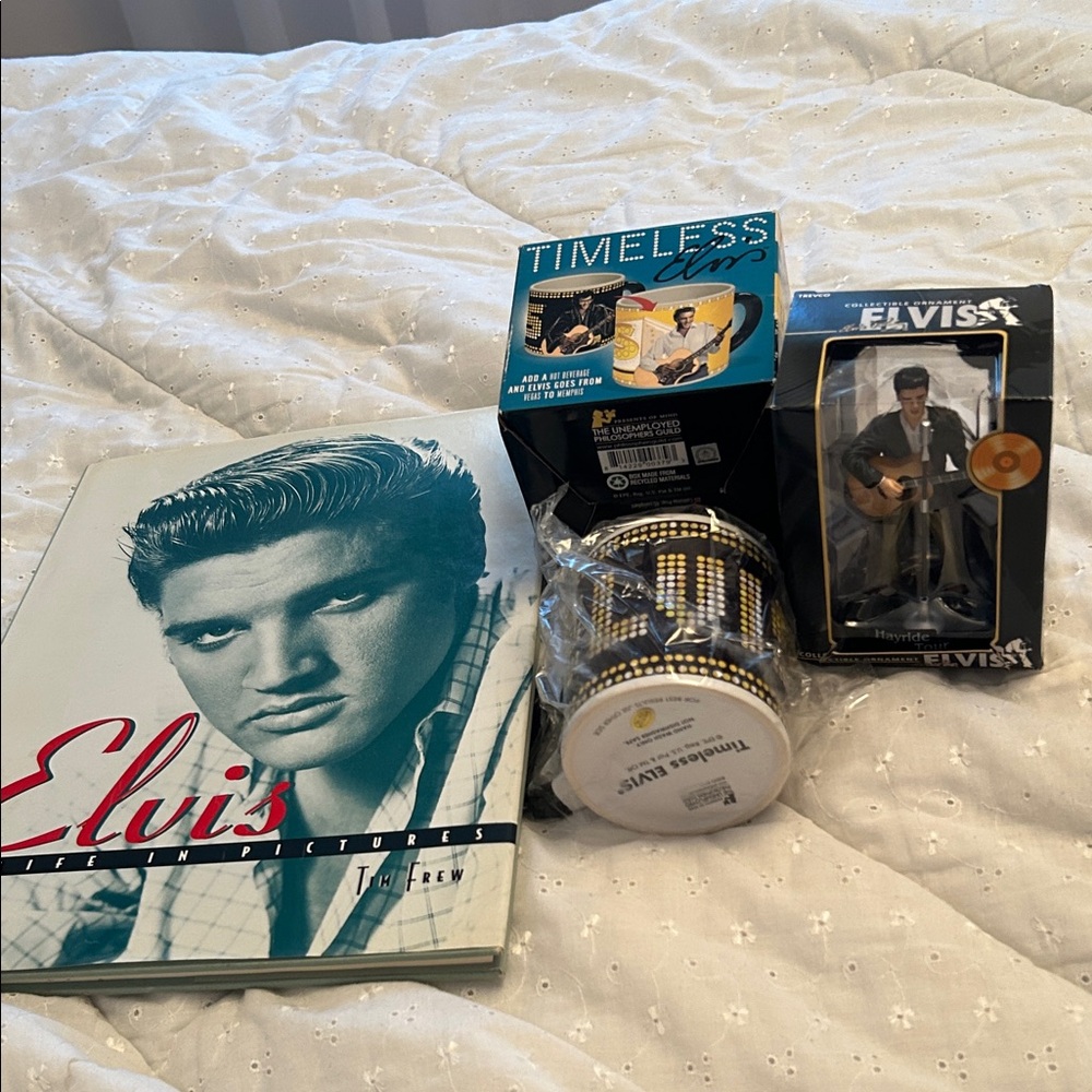 ELVIS BUNDLE -Ceramic Mug , ornament and Book Collectible Set. All never used